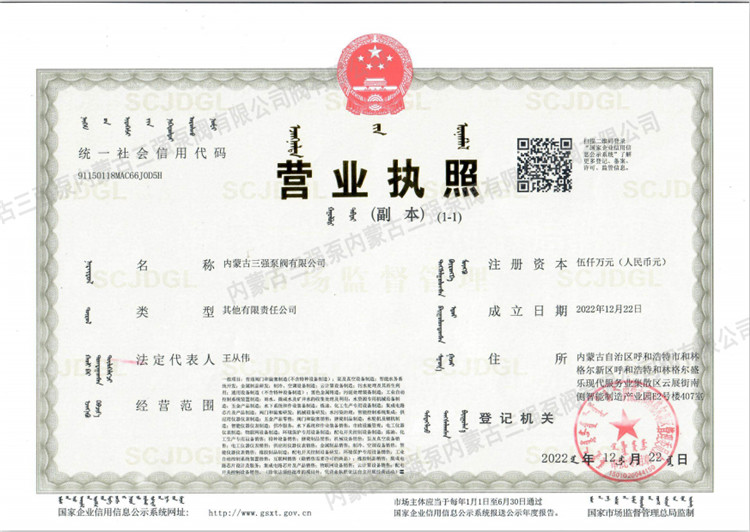 公司投资控股的“内蒙古三强泵阀有限公司”正式注册成立